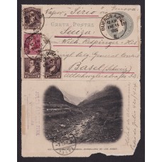 ARGENTINA ENTERO POSTAL GJ CAP-27-ZK TARJETA POSTAL CON ILUSTRACION USADA CON FRANQUEO ADICIONAL U$ 50+ CIRCULADA A SUIZA